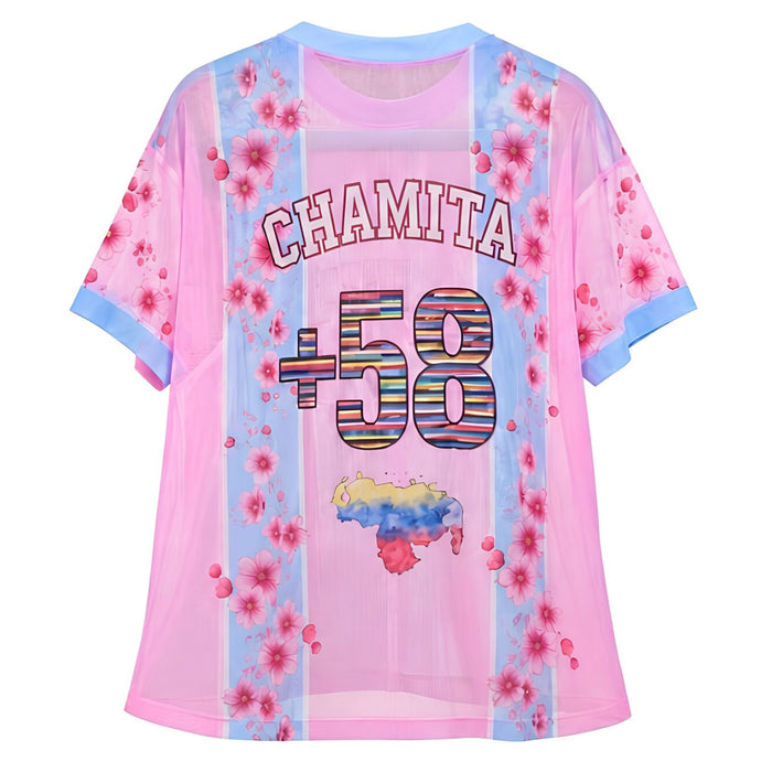 Camiseta Mesh - Rosada con Celeste y Flores +58