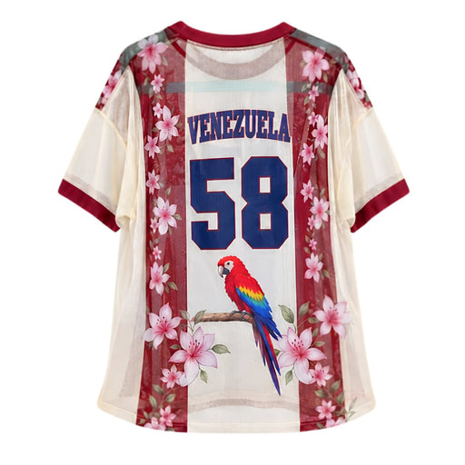 Camiseta Mesh - Blanca con Rojo y Flores - Sabores Market