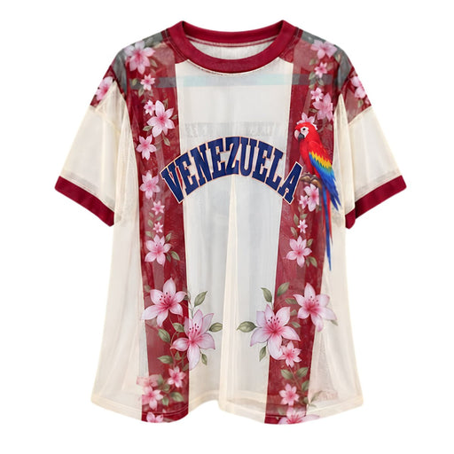 Camiseta Mesh - Blanca con Rojo y Flores - Sabores Market