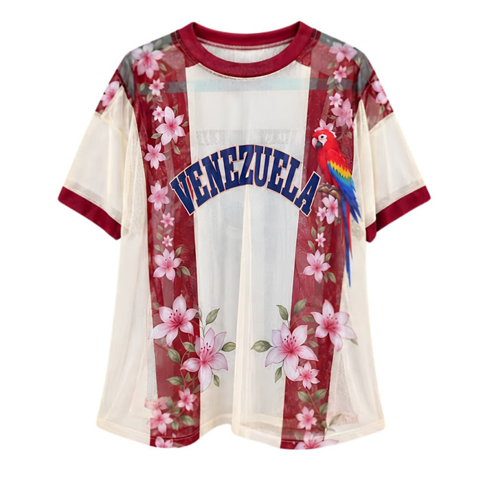 Camiseta Mesh - Blanca con Rojo y Flores - Sabores Market