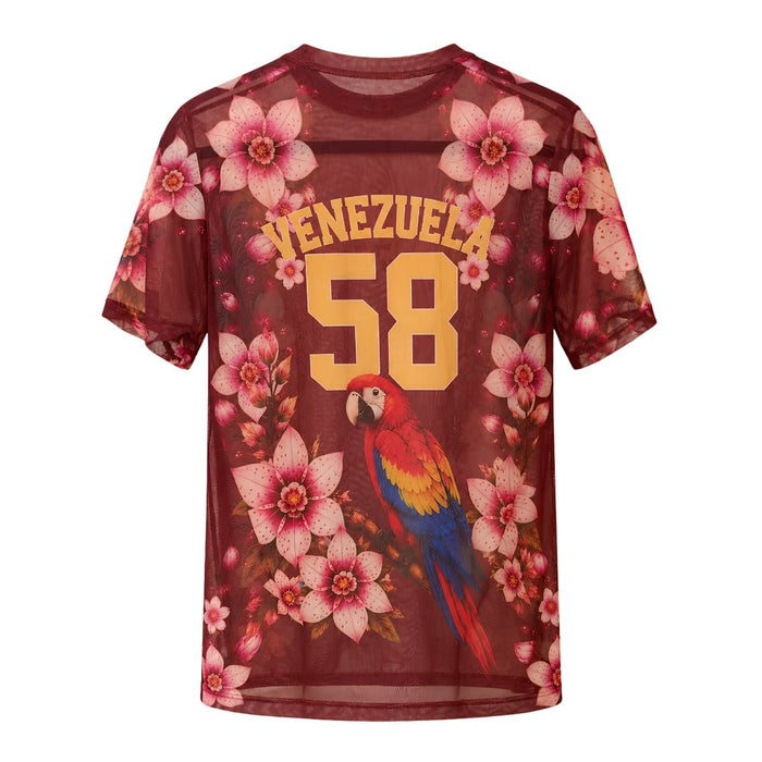 Camiseta Mesh de Venezuela - Vinotinto con Flores y Guacamaya 58 - Sabores Market