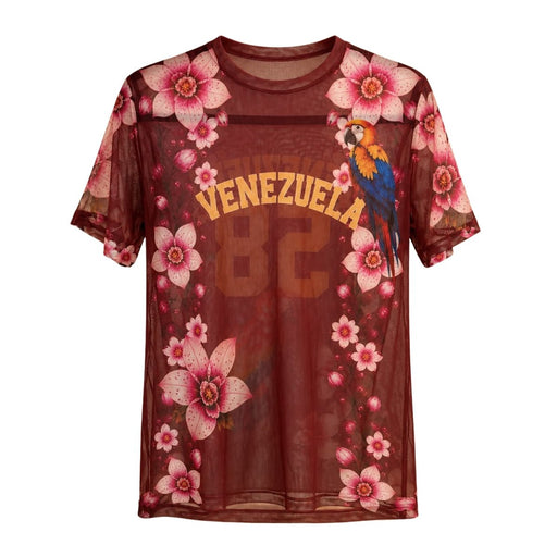 Camiseta Mesh de Venezuela - Vinotinto con Flores y Guacamaya 58 - Sabores Market