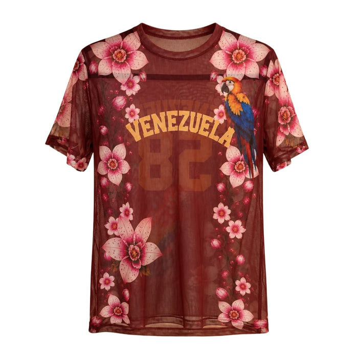 Camiseta Mesh de Venezuela - Vinotinto con Flores y Guacamaya 58 - Sabores Market