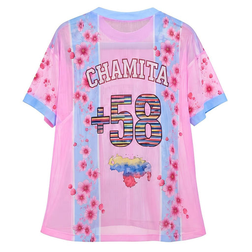 Camiseta Mesh - Rosada con Celeste y Flores +58 - Sabores Market