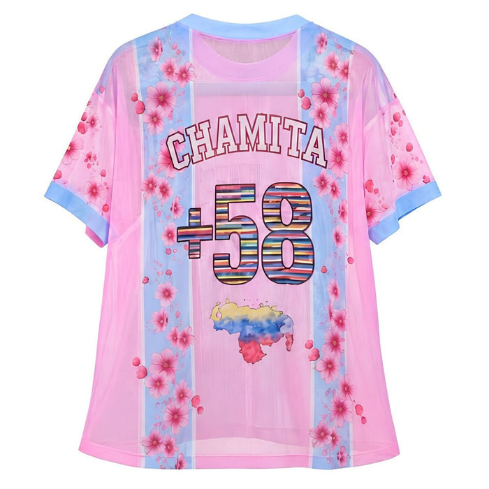 Camiseta Mesh - Rosada con Celeste y Flores +58 - Sabores Market
