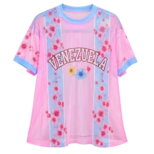 Camiseta Mesh - Rosada con Celeste y Flores +58 - Sabores Market
