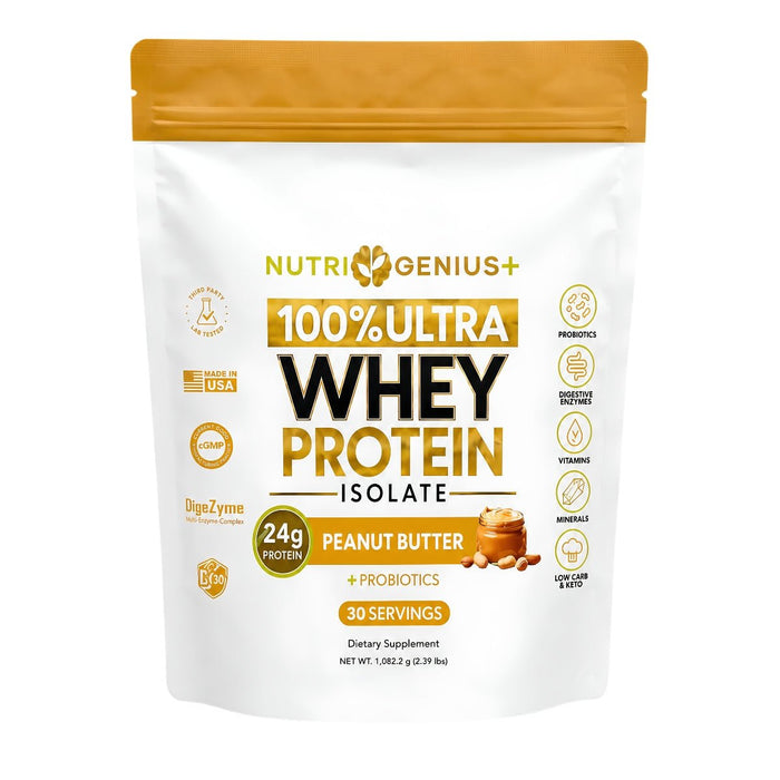 Nutri Genius+ Proteina Whey Protein Isolate Mantequilla de Mani 2.48 lb - Sabores Market