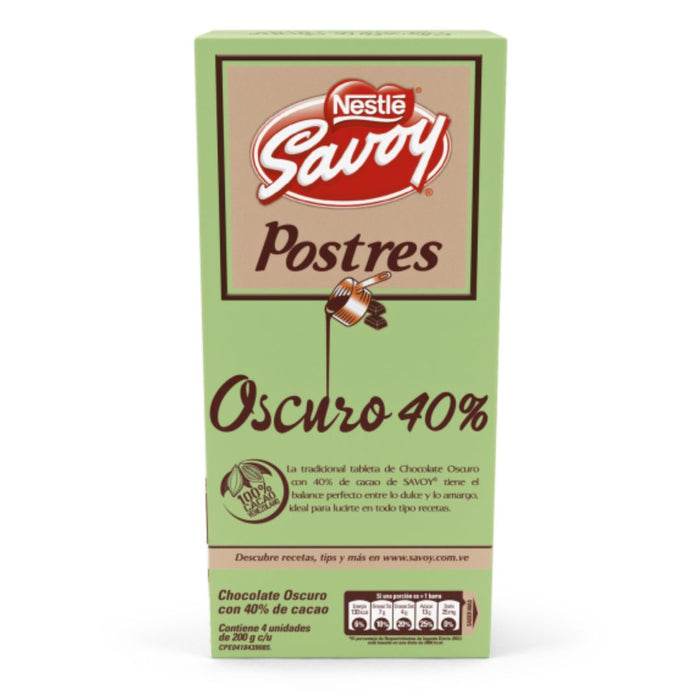 Savoy Postres Chocolate Oscuro 40% Caja - 4 Unidades - Sabores Market